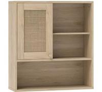 Armoire murale de salle de bain style cosy chic - porte coulissante rotin, étagère, niche - effet bois clair Beige G