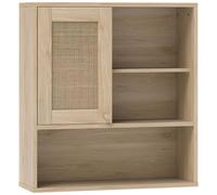 HOMCOM Armoire murale, meuble haut salle de bain avec porte coulissante en rotin et étagères ouvertes, meuble de salle de bain style bohème, meuble de rangement suspendu, 60 x 20 x 65 cm, bois naturel