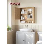 Armoire Murale, Meuble Salle de Bain, Placard de Rangement, Armoire Suspendue, 2 Portes-Miroir et Compartiment Ouvert, Étagère Réglable, 13 x 56,5 x 58,5 cm, Couleur Chêne Naturel Couleur Chêne Nature