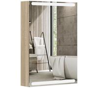 Armoire murale salle de bain 1 porte miroir lumineux LED intégré 50 x 70 cm 2 étagères verre effet bois