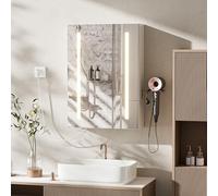 Armoire Murale Salle de Bain Avec Miroir Anti Buée Et Étagères Réglables, 3 Rangements de Salle de Bain, Support de Sèche Cheveux, Armoire Murale à 3 Tons LED Pour Petites, Moderne (60x15x80cm)