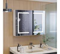 Armoire Murale Salle de Bain avec Miroir et LED, 80 x 60 cm Meuble de Salle de Bain avec 2 Portes et 2 Étagères Réglables, Armoire de Toilette Miroir avec 3 Couleur Lumière, Dimmable (Blanc 2 Portes)