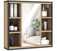 HOMCOM Armoire Murale Salle de Bain avec Miroir, 52 x 24,5 cm, Meuble Salle de Bain, Armoire de Toilette avec 6 Compartiments Ouverts et étagère réglable, chêne
