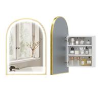 HOMCOM Armoire Murale Salle de Bain avec Miroir et Éclairage LED, 50x14,5x70cm, Meuble Salle de Bain à Porte Arquée Alliage d'Aluminium, Anti-Buée, 3 Températures de Lumière, Étagères Réglables, Doré