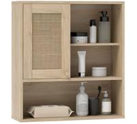 Armoire murale salle de bain - HOMCOM - porte coulissante en rotin et étagères ouvertes, 60 x 20 x 65 cm, bois naturel