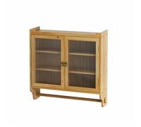 Armoire murale vintage 63CM à deux portes vitrées - 3 étages de rangement, porte-serviettes, couleur bois original