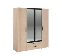 Armoire VARIA - 4 portes battantes + 2 miroirs + 2 tiroirs - Décor chêne et noir - L160 x H 185 x P 51.7 cm