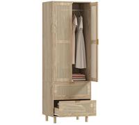 Armoire penderie - HOMCOM - 2 portes en rotin, 2 tiroirs et barre de suspension - panneau de particules - 63x47x185cm - bois naturel