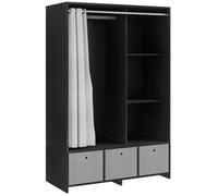 Vestiaire d'entrée - barre de penderie, 3 niches, 3 tiroirs tissu, rideau - panneaux noir polyester lin gris clair