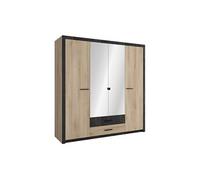 PEGANE Armoire Placard de Rangement 4 Portes Dont 2 avec Miroir Couleur chêne/Noir - Largeur 198 x Profondeur 56,6 x Hauteur 203,1 cm