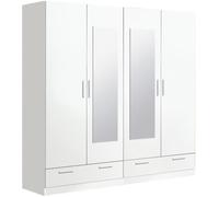 Armoire placard de rangement COLUMBIA de 4 portes + 2 tiroirs avec miroirs, blanc -longueur 202 x profondeur 51 x hauteur 200 cm