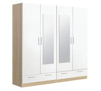Armoire placard de rangement COLUMBIA de 4 portes avec miroirs + 2 tiroirs coloris Chêne Cambrian - Blanc