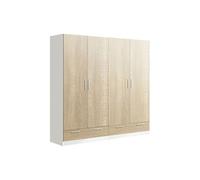 Armoire / placard de rangement de 4 portes + 2 tiroirs coloris Blanc / Chene Cambrian - longueur 202 x profondeur 51 x hauteur 200 cm -PEGANE- Blanc / Chêne Cambrian G