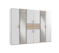 PEGANE Armoire Placard, Meuble de Rangement avec 2 miroirs Coloris Blanc, rechampis Imitation chêne - Longueur 270 x Hauteur 208 x Profondeur 58 cm