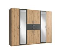 Armoire Placard, meuble de rangement avec 2 miroirs coloris Imitation chêne artisan, rechampis graphite - Longueur 270 x Hauteur 208 x Profondeur 58
