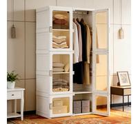 Armoire pliante transparente avec 7 partitions et 6 portes, pliable, multi-usages, avec barre, montage facile, pour chambre à coucher et salon, 69 x 50 x 170 cm, blanc B
