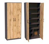 Armoire polyvalente à 8 compartiments, armoire à balais, armoire de ménage en finition mate avec 6 étagères et 2 portes, 74 cm de large en panneau stratifié et poignées en polymère en chêne graphite