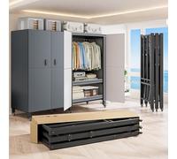 Armoire portable pliable robuste de 680,4 kg, portant à vêtements de 167,6 cm avec portes magnétiques, cintre à roulettes en métal pour rangement de la maison et du dortoir - Gris foncé