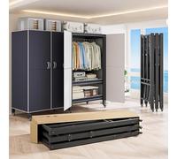 Armoire portable robuste de 680,4 kg, portant à vêtements pliable avec portes magnétiques, cintre à roulettes en métal pour rangement de la maison et du dortoir, bleu marine, capacité de 167,6 cm