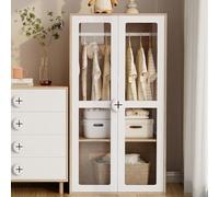 Armoire pour enfant - 80 x 50 x 150 cm - Armoire à deux portes en verre avec tringle à vêtements et étagères coulissantes - Poignées en bois en forme de biscuits - Blanc + bois naturel, panneau laqué