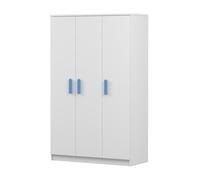 Armoire pour enfants 120 cm - blanc/blanc avec poignées bleues, tringle à vêtements & étagères JONAS 19