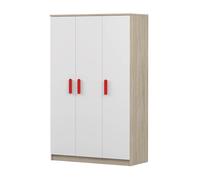 Armoire pour enfants 120 cm - Sonoma/blanc avec poignées rouges, tringle à vêtements & étagères JONAS 19