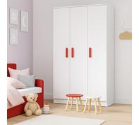 Armoire pour enfants JONAS 120 cm - blanc/blanc avec poignées rouges,tringle à vêtements & étagères