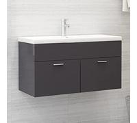 Armoire pour lavabo en contreplaqué gris brillant 90 x 38,5 x 46 cm avec 1 compartiment et 2 portes, meuble de salle de bain au design élégant et lignes épurées pour rangement
