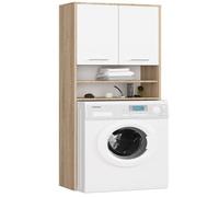 Armoire pour machine à laver 64x30x180cm - Meuble SDB- Meuble de rangement buanderie 2 portes et 4 étagères - Sonoma+Blanc