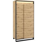 Armoire Quant Grande armoire moderne de style loft comprenant 5 étagères 2 portes battantes 1 tringle à vêtements LED, couleur : chêne Artisan + noir