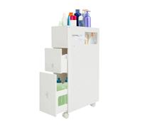 Armoire Rangement, Meuble Salle de Bain, Colonne à Tiroirs, 2 Tiroirs | 2 tiroirs, compartiment ouvert, couvercle rabat, 4 roulettes freinées, plastique bois, blanc moderne,couloir, 44x19.5x74cm