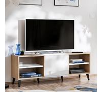 Armoire RTV Fondi, Blanc avec Bois Clair - 2 étagères et Porte, 136x35x49 cm