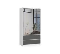 AKORD Armoire 2 Portes | Armoir Chambre | 2 Tiroirs 2 Etagères et Une Tringle et Miroir | L90 x H180 x P51 cm| Armoire sans Penderie Chambre RangementBlanc & Façade Gris Graphite