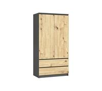 AKORD Armoire 2 Portes | Armoir Chambre 2 Tiroirs avec Etagères et Une Tringle | 90x180x51 cm| Armoire sans Penderie Chambre | Dressing Rangement Placard | Gris Graphite & Façade Chêne Artisanal