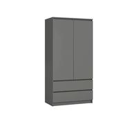 AKORD Armoire 2 Portes | Armoir Chambre 2 Tiroirs avec Etagères et Une Tringle | 90x180x51 cm | Panneau Stratifié 16mm | Armoire sans Penderie Chambre | Dressing Rangement Placard | Gris Graphite