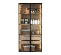 Armoire salle bain mural pose sol portes verre dépoli étagères tiroirs bandeau lumineux LED télécommande infrarouge 7 couleurs changeantes rangement organisateur anti-basculement montage (Brun,1)