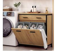 Armoire Salle de Bain - EUGAD Meuble d’appoint avec Panier à Linge - MDF et métal - 72,5x34x80cm - Chêne Clair+Noir