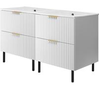Armoire sous lavabo, blanc mat, 120 (2 x 60) x 77 x 46 cm, poignée argentée, pieds noirs, sans plan de travail