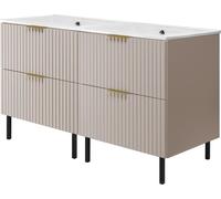 Armoire sous lavabo, blanc mat, 120 (2 x 60) x 77 x 46 cm, poignée argentée, pieds noirs, sans plan de travail