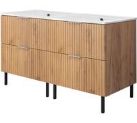 Armoire sous lavabo, blanc mat, 120 (2 x 60) x 77 x 46 cm, poignée argentée, pieds noirs, sans plan de travail