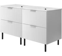 Armoire sous lavabo, blanc mat, 120 (2 x 60) x 77 x 46 cm, poignée argentée, pieds noirs, sans plan de travail
