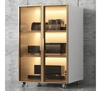 Armoire stéréo moderne à 3 niveaux avec portes en verre, étagères réglables, gestion des câbles et roulettes pour une mobilité facile - Solution de rangement audio élégante Blanc
