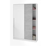 Indira Armoire 2 portes coulissantes avec étagères et tringle 200 x 120 x 50 cm (H x l x P) Blanc « Artik » et Ciment