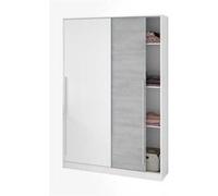 Indira Armoire 2 portes coulissantes avec étagères et tringle 200 x 120 x 50 cm (H x l x P) Blanc « Artik » et Ciment