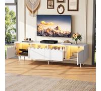 Armoire TV 176 x 38 x 45 cm avec portes battantes et doubles tiroirs, meuble TV bas avec éclairage LED, meuble TV sans poignées, meuble TV pour salon ou espace de divertissement (blanc)