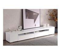 Armoire TV blanche moderne, Buffet bas avec éclairage LED variable, meuble de salon salle à manger L240cm, Panneau brillant