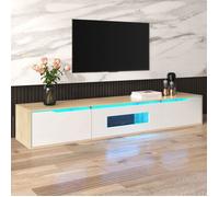 Armoire TV Elégante, Meuble TV Haut Brillant, Support TV Mural 3 Portes Spéciaux, Table Blanc et bois avec Lumière LED, 180x35x30cm