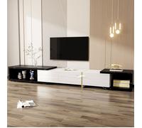 Armoire TV Extensible, Meuble TV Pivotant Moderne, 3 Portes Blanc Brillant, Aspect Marbre Noir, 140-260x40x30cm