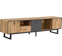 Armoire TV Fortuna Lai avec éclairage LED, cloison de séparation en verre et charnières Soft-Close, design naturel pour le salon