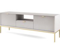 Armoire TV : un tiroir, deux portes, trois étagères, couleur : gris, couleur du cadre : or Dimensions du meuble : L : 154 cm, H : 56 cm, P : 39 cm